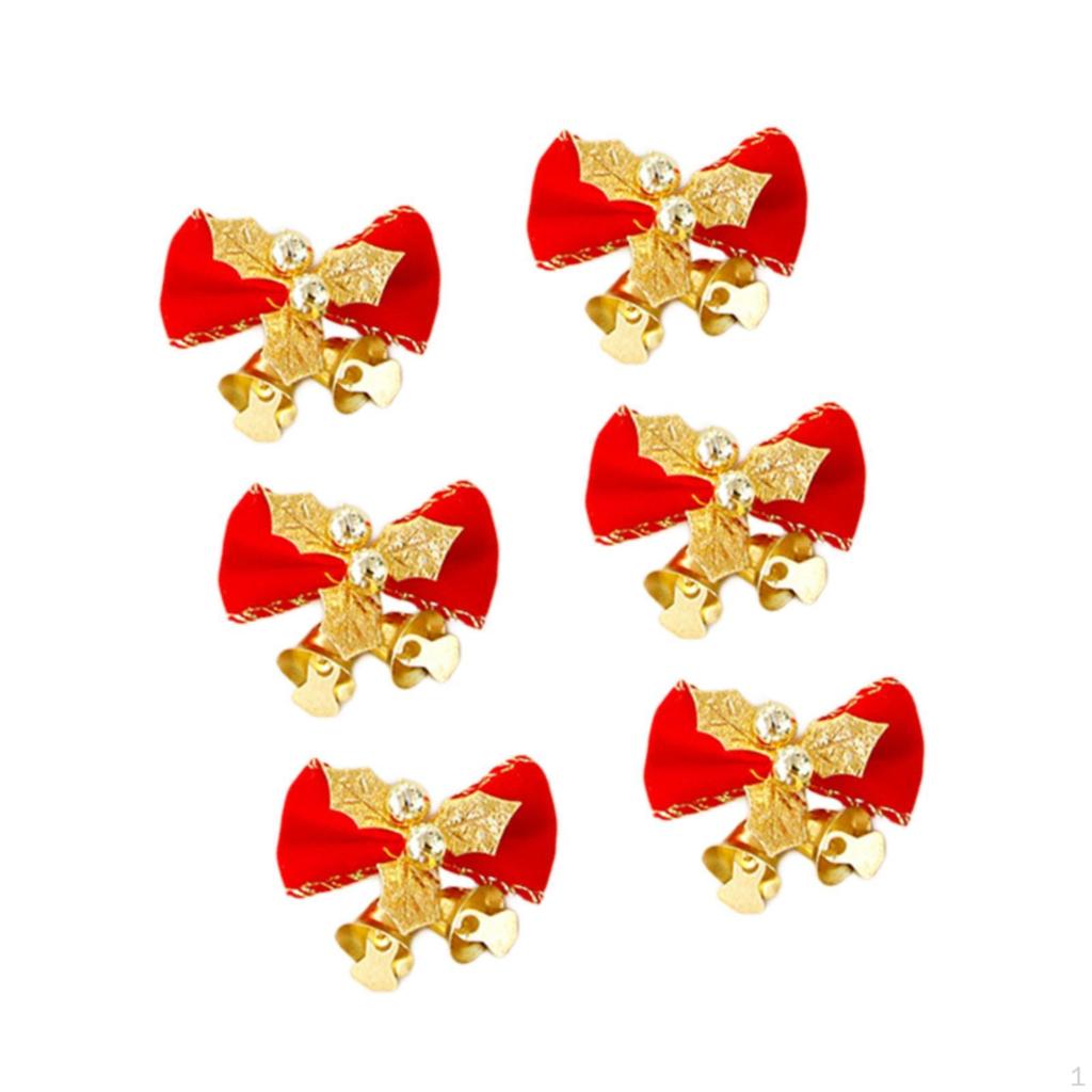 6 Pieces Christmas Bow with Bells Garland Ornament Gift Holiday Decorative Bows for