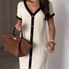 New Contrasting Color V-neck Single-breasted Slim-fitting Short-sleeved Knitted Dress Women's Waist Temperament Long Skirt