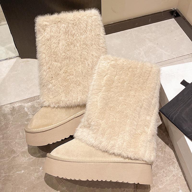 Women Snow Boots Mid-Calf Fur Integrated Winter Cotton Shoes Non-slip Faux Fox Fur Plush Thick Sole Fashion Furry