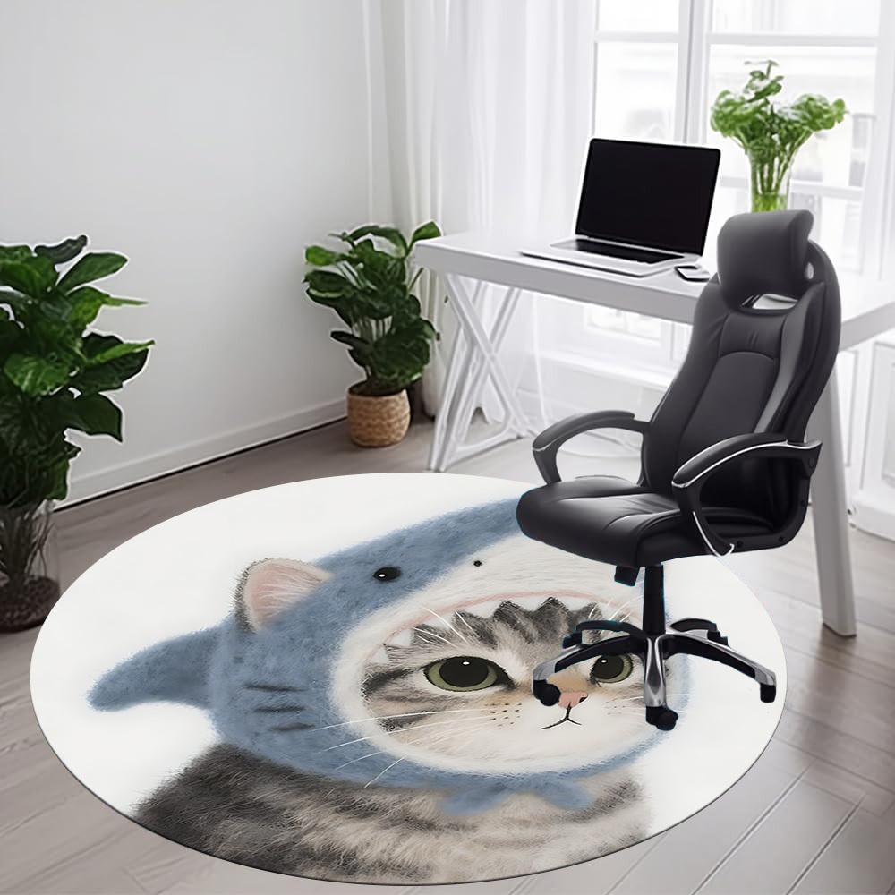 1PC Shark Cat Office Round Area Rug, Indoor Mat Suitable ForOffice, Under Office Chairs Bedroom Living Room Home Decor, Room Deco f171