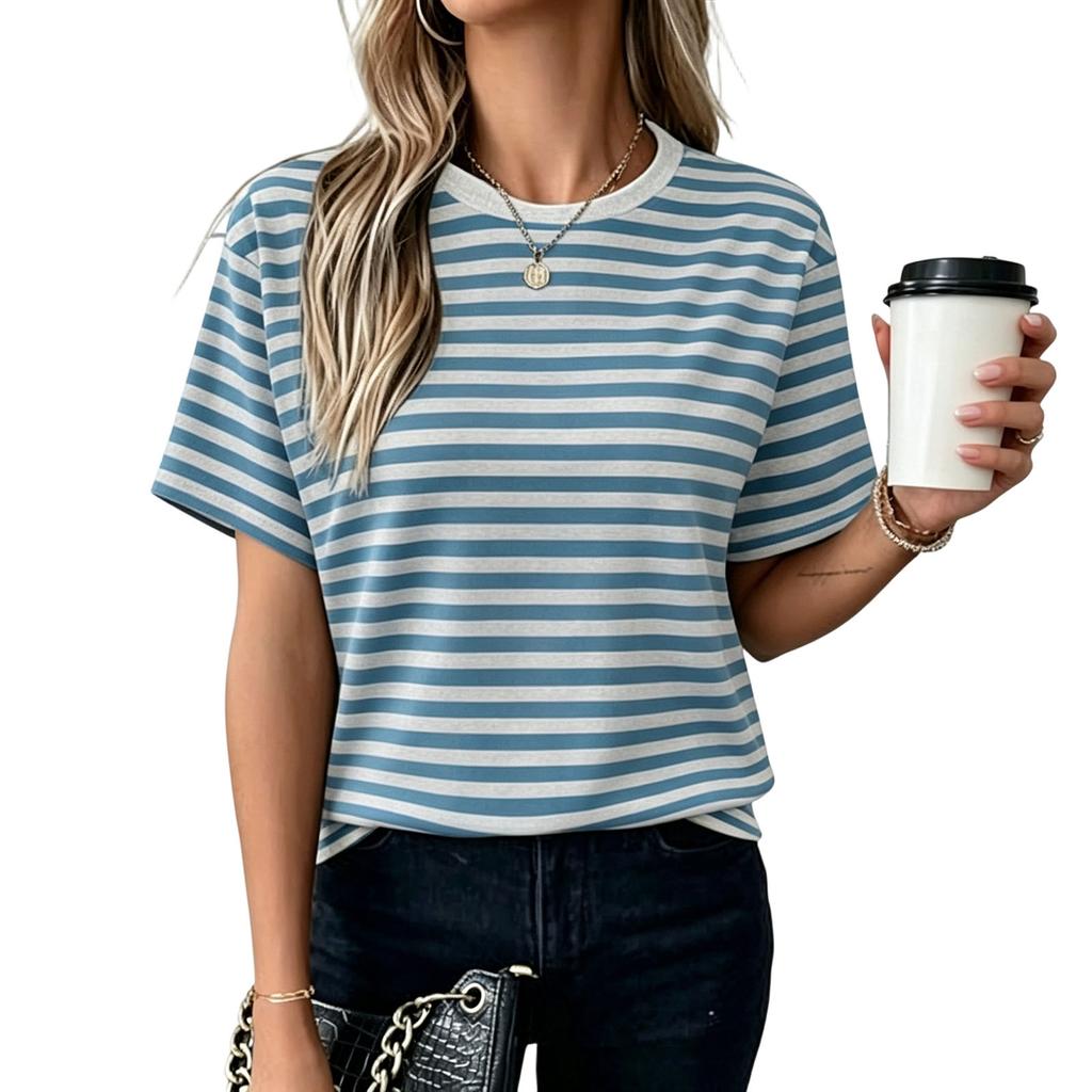Women Short Sleeve Striped T Shirt Summer Round Neck Basic Casual Top Lightweight Breathable Soft Fabric Comfortable Fit