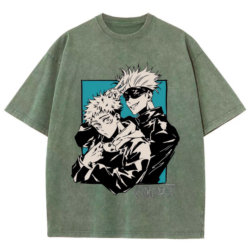 Anime Jujutsu Kaisen Satoru Gojo And Itadori Yuji Print T Shirt Men Women Y2k T-shirts Washed Cotton Tee Harajuku Male Tshirt