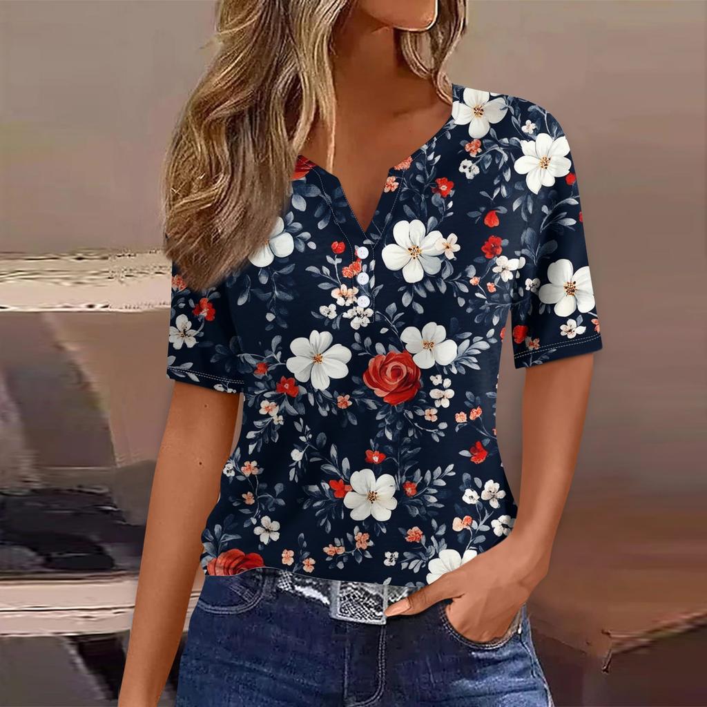 Tricou de damă Tricou imprimat cu buton cu mânecă scurtă, zilnic, la modă de weekend, de bază, cu decolteu în V, obișnuit