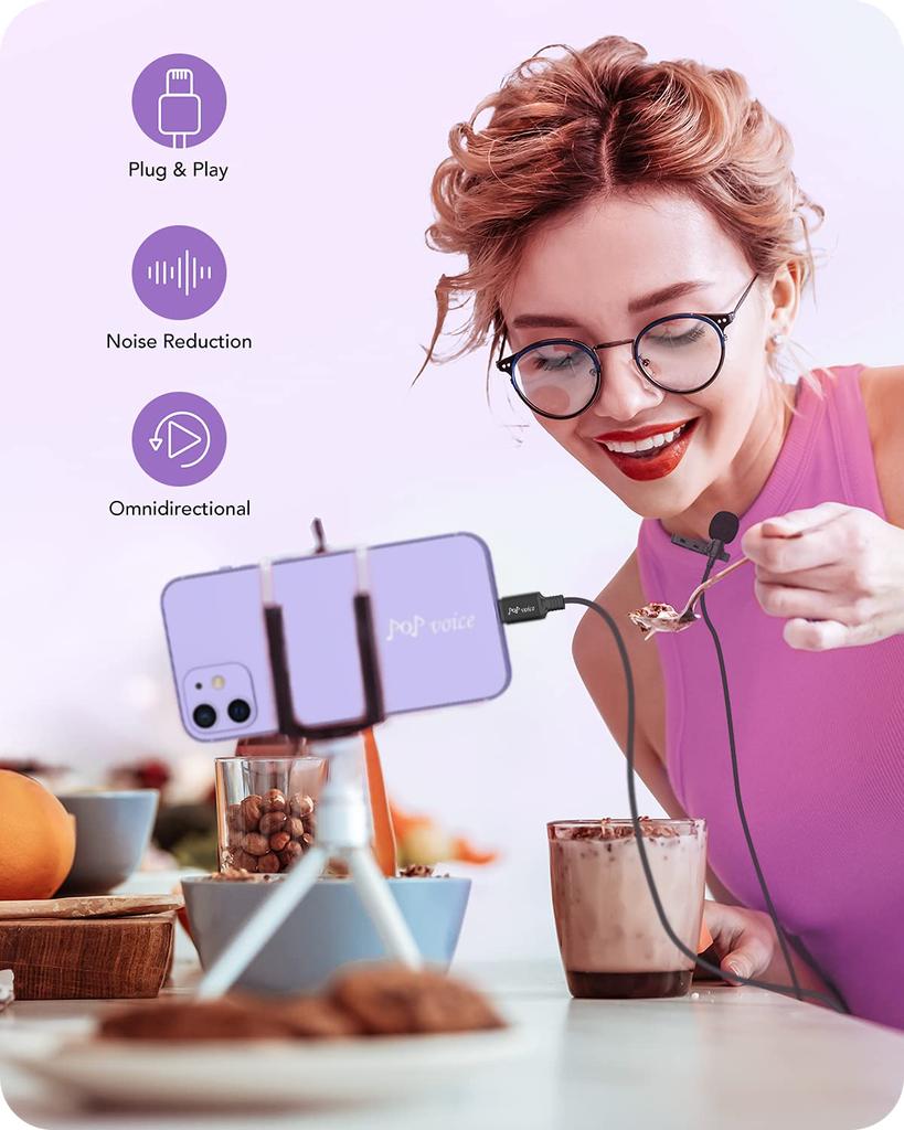 PoP Voice Microphone Professional iPhone Lavalier Lapel Omnidirectional Microphone for Condenser Microphone for iPhone Audio Video Vlogs iPad, iPod, &