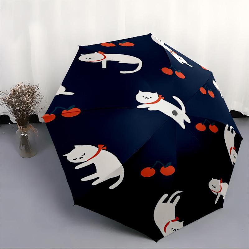 1pc Cherries Cats Fashionable Automatic Opening/Closing Folding Umbrella with 8 Bones, Windproof Portable, Daily Use106