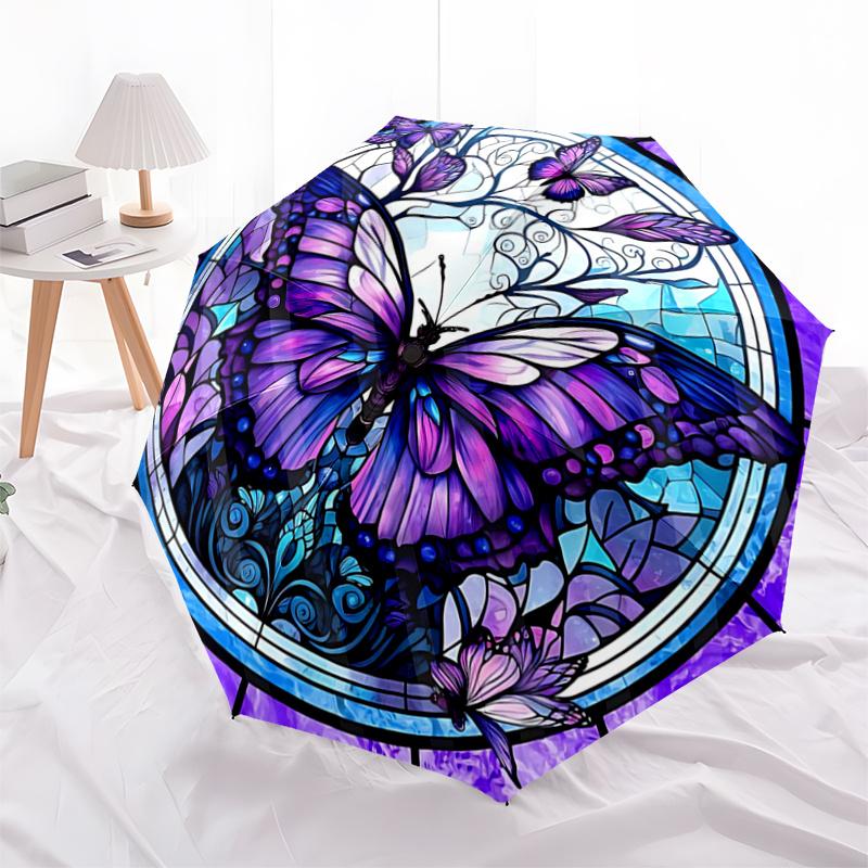 Stained Butterfly Design Automatic Opening Folding Umbrella with 8-Bone Iron Frame, Suitable for Fans, Travel, Daily Use, and Gift Giving112