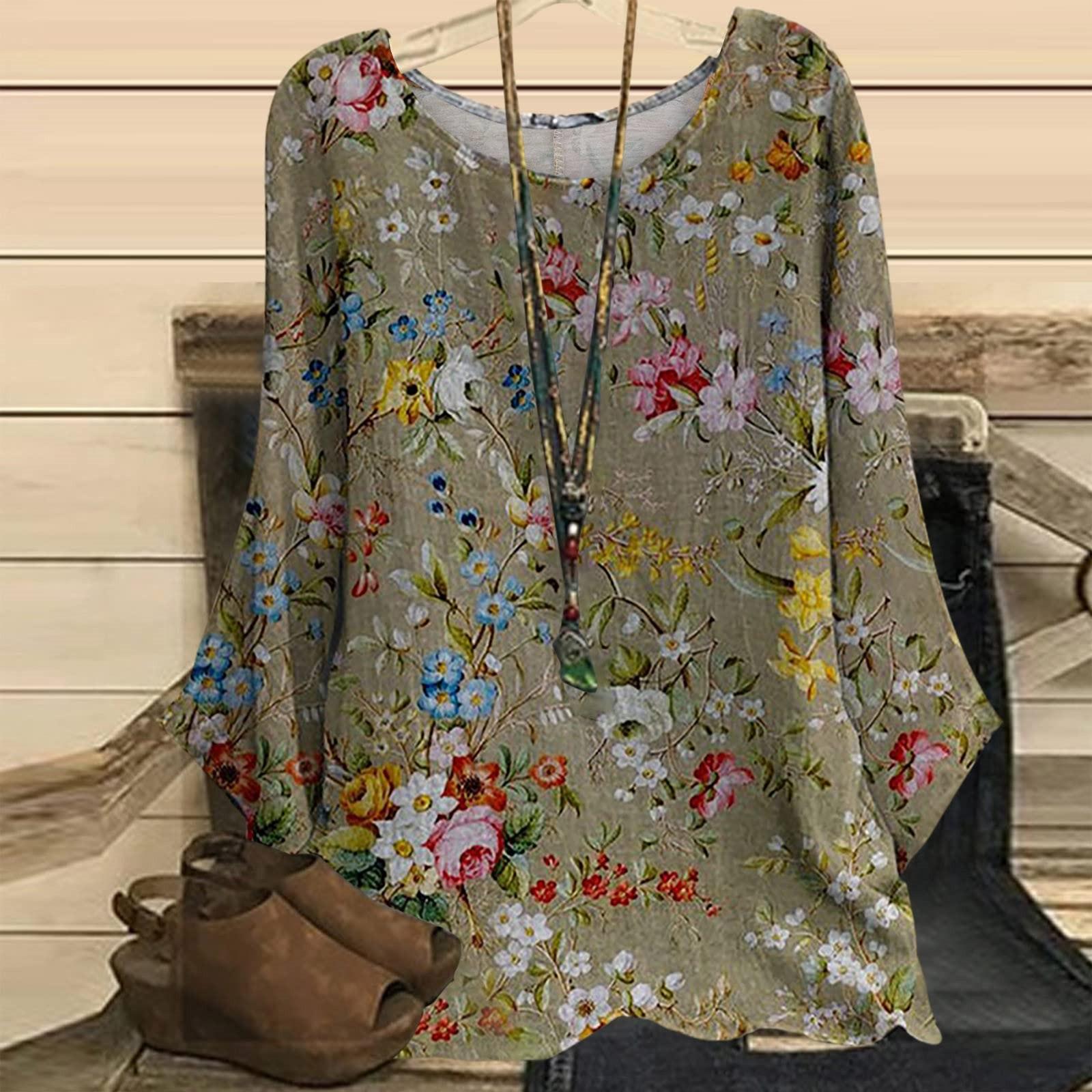 Women s Casual Printed Round Neck Hanging Loose Retro Long-sleeved Top XXL хаки