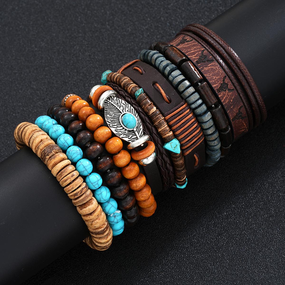 

11Pcs/Set Vintage Turquoise Leather Wood Bead Bracelets for Men Brown Color Feather Braided Bracelet Set Male Party Jewelry Gift