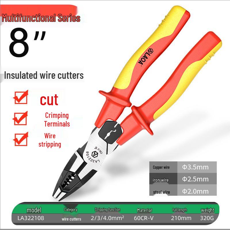 High Voltage Insulated Needle-Nose Electrician Pliers, 1000V, for Cutting, Crimping, Stripping, Angled Use.