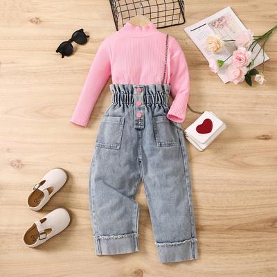 Girls' Fashion Set for Autumn and Winter, Children's Casual Solid-color Long-sleeved Pullover and Denim Trousers