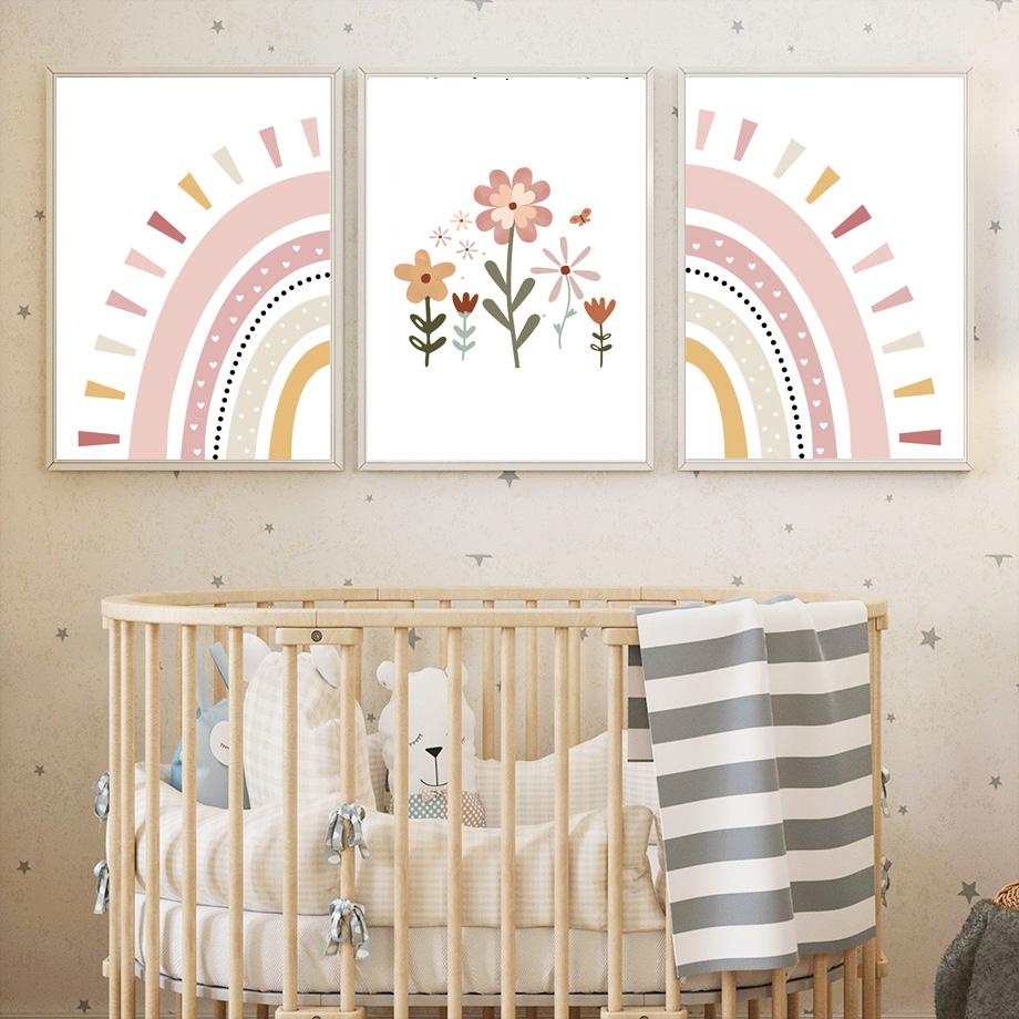 Rosa Sonne Wolke Regenbogen Blume Schmetterling Kindergarten Nordic Poster Und Drucke Leinwand Malerei Wand Kunst Bilder Baby Kinder Zimmer Dekor