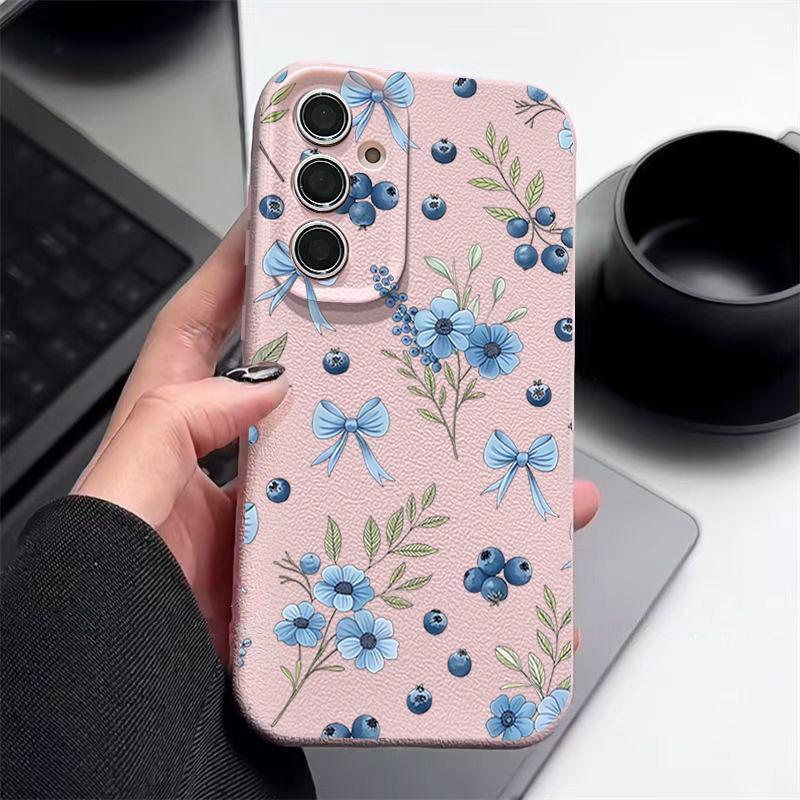Blaubeer-Schleifen Blumiges Case Für Samsung S26 S25 S24 Ultra S23 S22 S21 FE A15 A16 A17 A26 A35 A36 A37 A54 A55 A56 A57 5G Lederstruktur Abdeckung