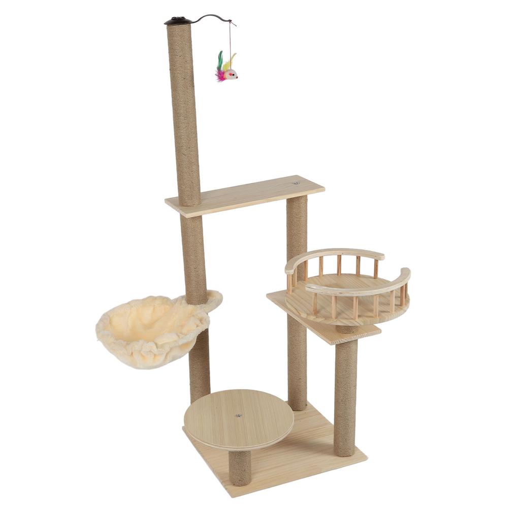 Cat Tree Multilevel Cat Climbing Tower Hemp Cable Covered Scratching Post with Hammock Dangling Toy
