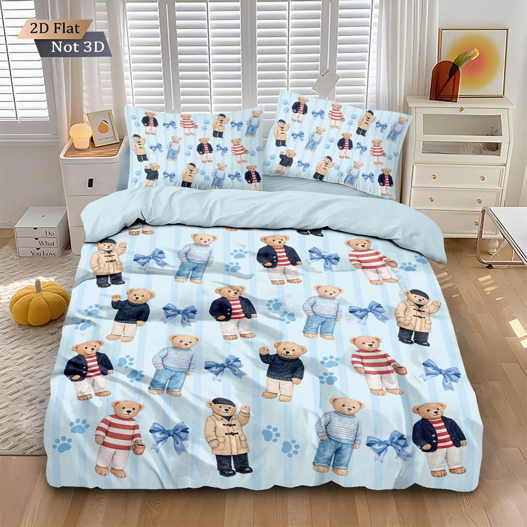 3pcs Cute Doll Bear Printed Quilt Set Multi Size Bedroom Dormitory Bed Holiday Decoration Machine Washable