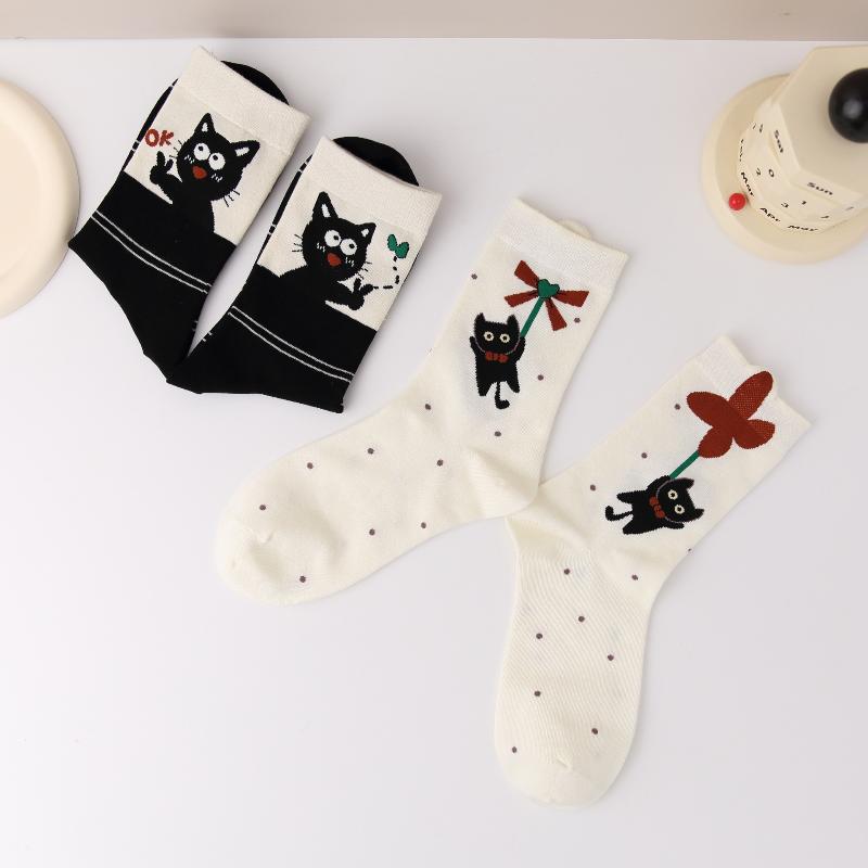 1 Paar lässige bequeme süße Katzen-Cartoon-Socken Damenmode vielseitige Mittelschaftsocken elegante einfache Damensocken