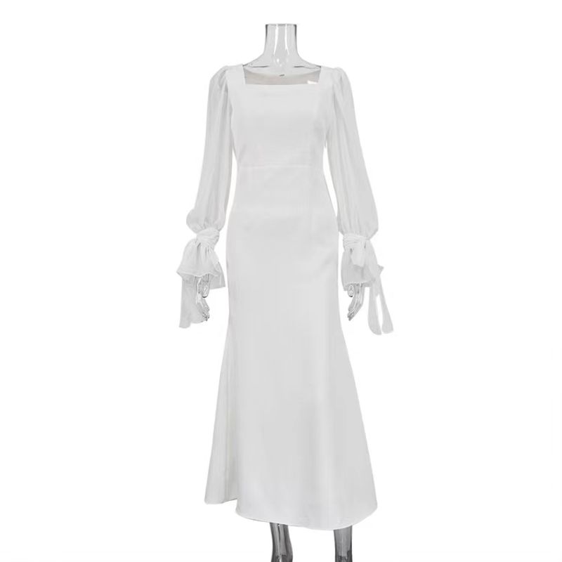 

New Arrival French Square Collar Patchwork Mesh Sleeves Dress Square Neck Mesh Sleeve Dress White S