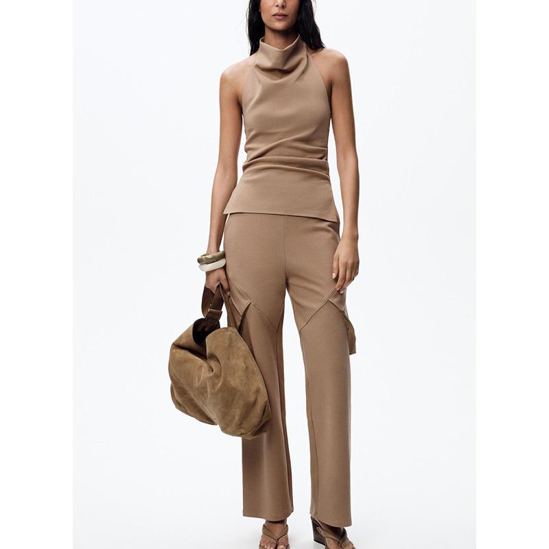 Off-the-Shoulder Hanging Collar Casual Tops 4174182 Cotton Blended Overalls Wide Leg Mid Waist Pants 4174183