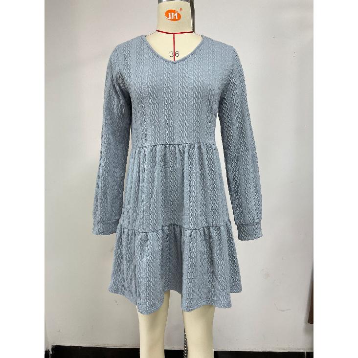 2024 European And American Autumn And Winter New Solid Color V-Neck Patchwork Long Sleeved Loose Dress A-Line Skirt For Women