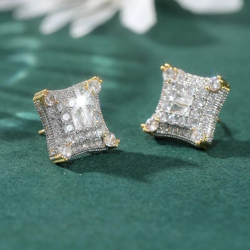 Hip Hop Golden Plated Inlaid Synthetic Zirconia Square Stud Earrings for Men Women Party Daily Versatile Jewelry Crafts