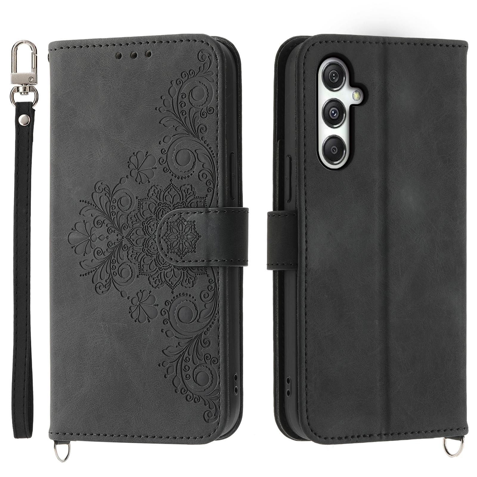 

For Samsung Galaxy M35 5G Case Flower Pattern PU Leather Wallet Phone Cover with Strap Black