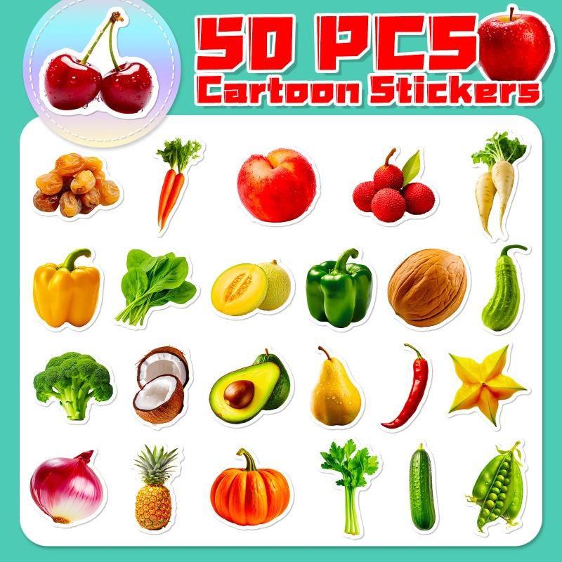 50PCS Vivid Fruit & Vegetables Grape Cherry Carrot Broccoli Stickers Pack Waterproof Vinyl Stickers For Laptop Phone