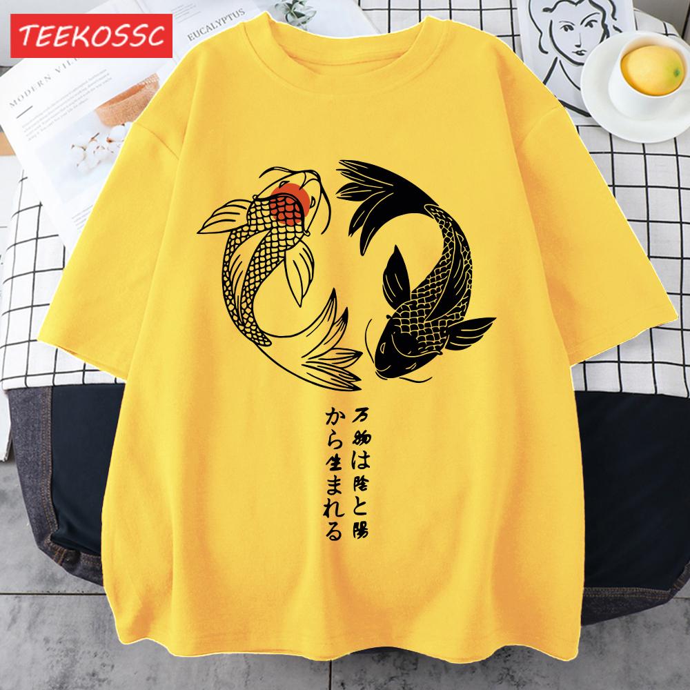 Two Koi Fish Swimming In Waterprint Men TShirts Cotton AllMatch T Shirt Comfortable Crewneck Tops Loose Unisex Summer Clothes