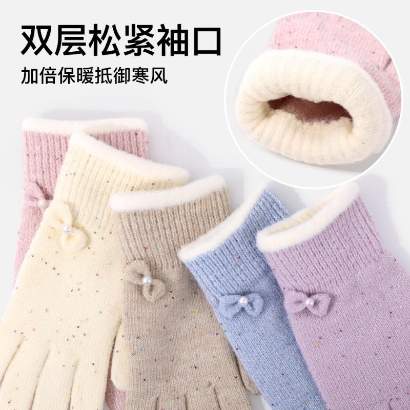 Winter Adult Gloves Women's Color Dot Bow Dew Finger Riding Gloves Women's Outdoor Double Layer Thickened Warm Gloves Men's