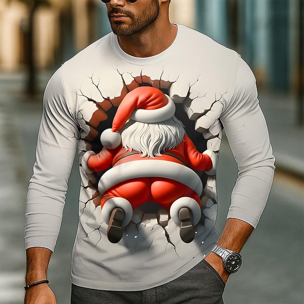 Christmas Men's 3D Printed Funny Santa Claus Long Sleeve T-Shirt O-Neck Autumn Winter Casual Comfortable T-shirt