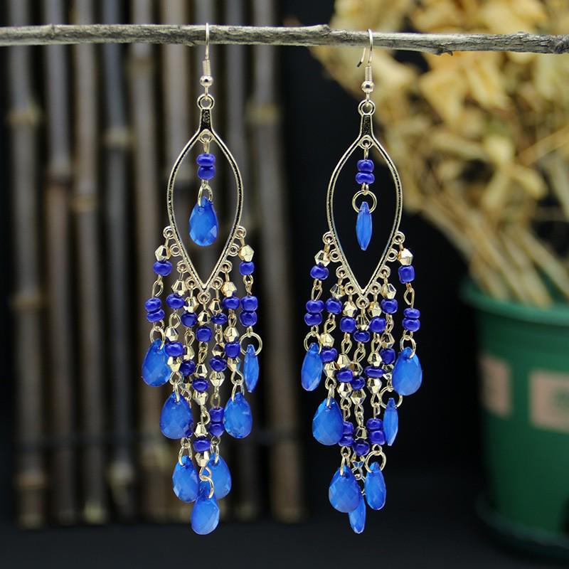 Bohemian Crystal Tassel Earrings - Ethnic Style, Slim Face, Exaggerated Design for Travel