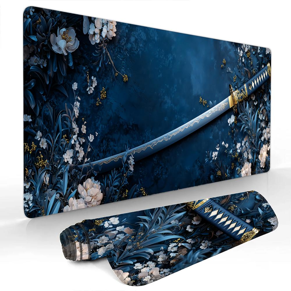 White flowers and katana large Mouse Pad Desk Mat Gaming mats with Stitched Edge Durable NonSlip Computer mousepad office rug