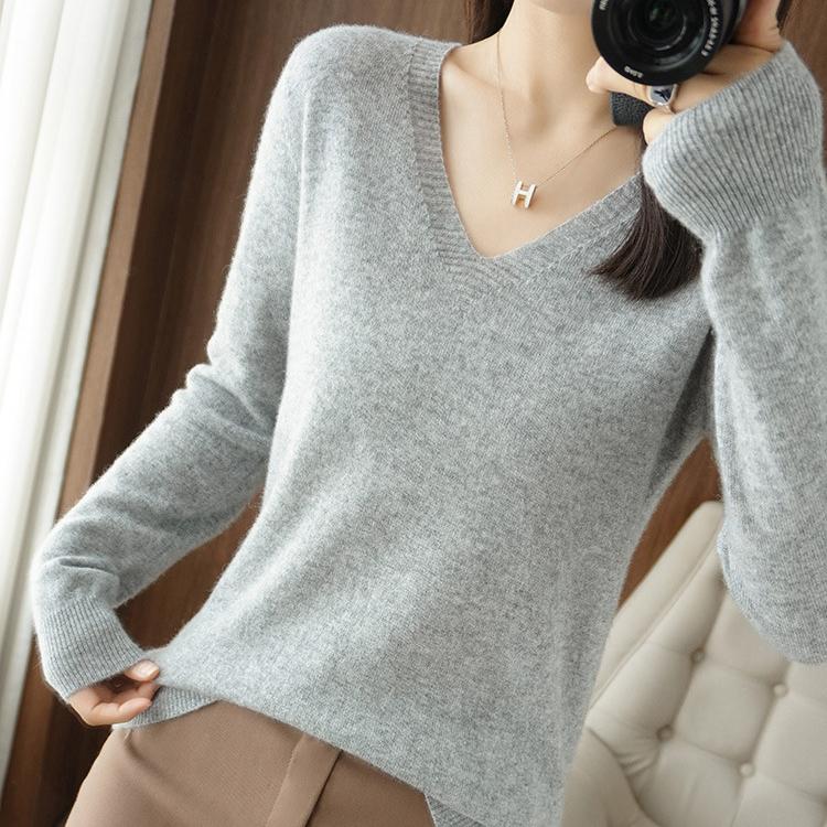 YYFS Women's Fashion Casual Solid Color Print Autumn Winter Long Sleeve V-Neck Pullovers & Long Sleeves