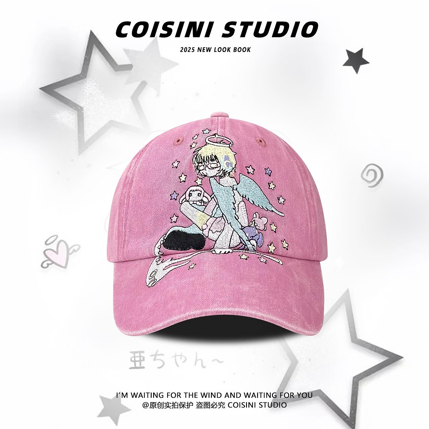 

Y2K Anime Angel Embroidered Washed Baseball Cap, Vintage Pink Distressed Dad Hat for Women M（56-58cm） розовый