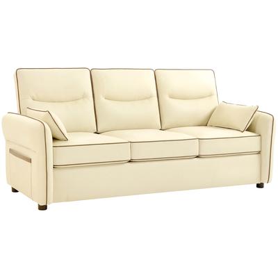 Three-Seater Faux Leather Sofa with Thick Padding. Side Pocket and Two Cushions. 190x83x90cm. Beige