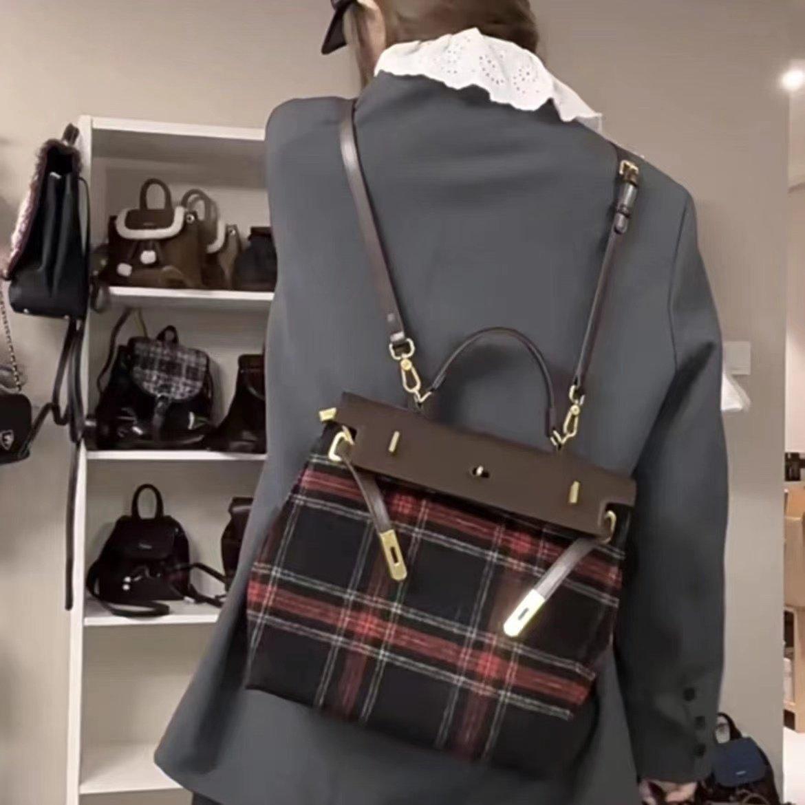 

Контрастный цвет, красная клетка, нишевый дизайн, рюкзак, женская сумка-тоут из шерстяной ткани высокого класса, большой емкости