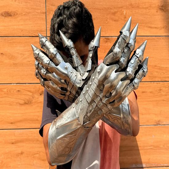 Etched Steel Gauntlet Gloves Gothic Knight Costume, 40.64 cm Gloves Pair Perfect Halloween Gift