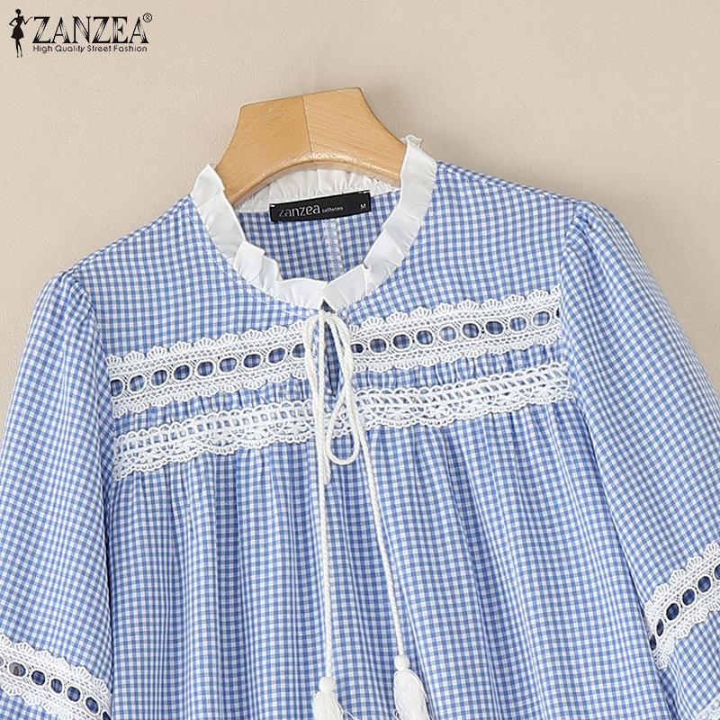 ZANZEA Women Casual Round Neck 3/4 Sleeve Loose Plaid Print Dress