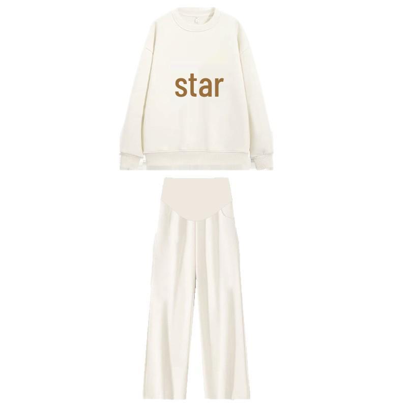 Spring 2025 Age-Reducing Women's Maternity Set: Apricot Round Neck Printed Sweatshirt & Loose Pants