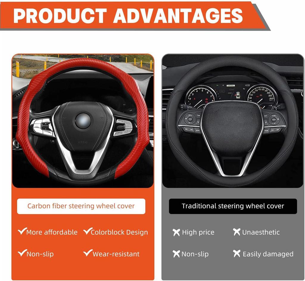 Carbon Fiber Pattern Anti-Slip Leather Steering Wheel Cover for Various Car Models