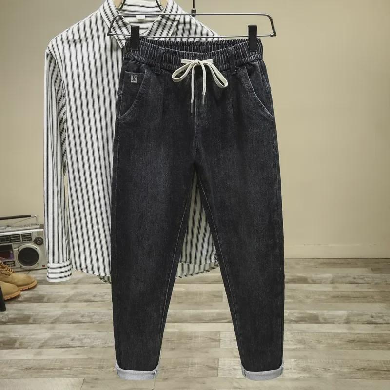 Men's Winter Elastic Waistband Drawstring Skinny Harem Jeans - Trendy, Iron-Free, Casual, Versatile, and Loose-Fitting.