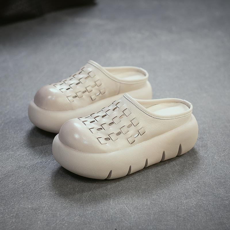 Johnature Chaussons d'extérieur rétro en cuir de vachette à semelles épaisses et bout rond, tissés à la main, polyvalents, pour femmes, à enfiler