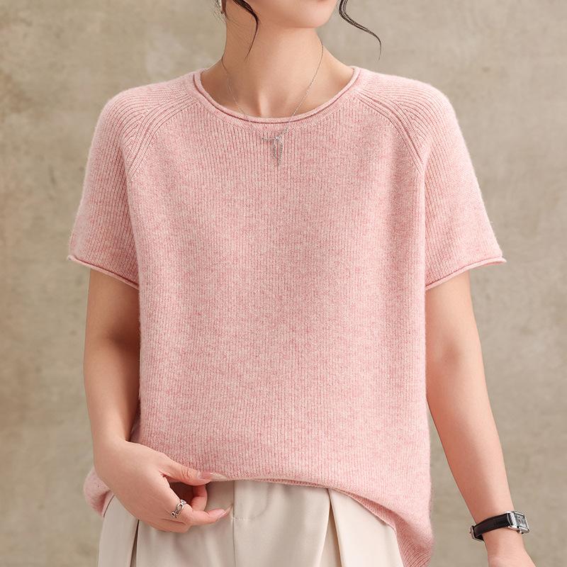 Spring And Autumn New Cashmere Wool Blended Curled Crew Neck Knitted Sweater Short Sleeve Women'S Solid Color Pullover Bottom Shirt