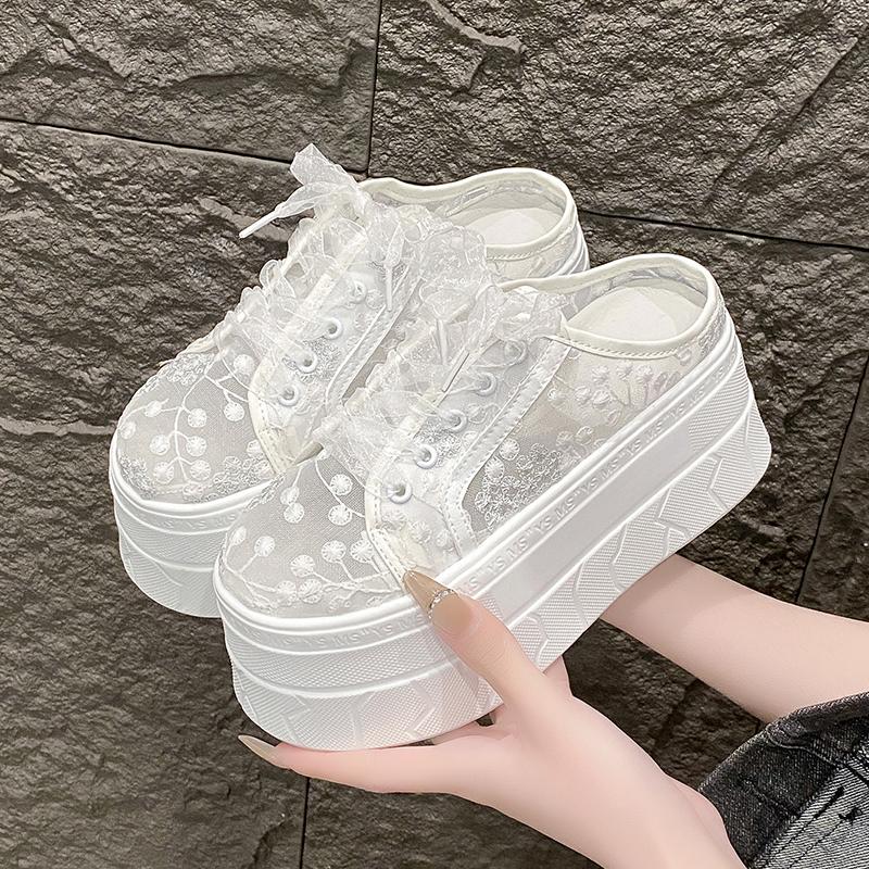 High Quality 7.5cm Bling Sequins Air Mesh Genuine Leather Half Slippers for Women Platform Casual Flat Shoes Outdoors Slipper