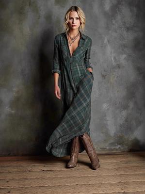 2025 European & American Style V-neck Plaid Long Sleeve Lapel Dress