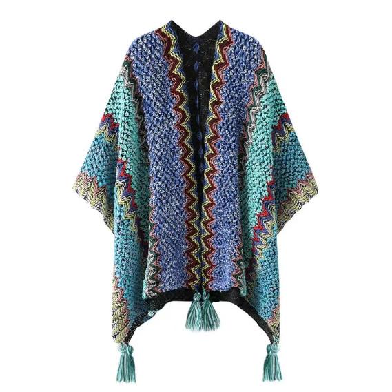 Shawl Wraps for Women Boho Knit Poncho Ladies Rainbow Casual Loose Striped Fringe Blanket Scarf