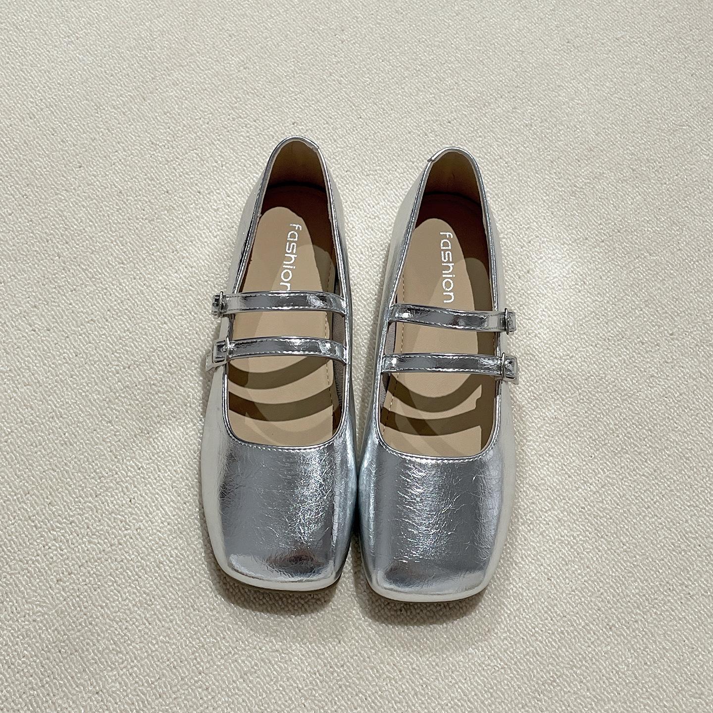 

Silver square head French flat bottom light mouth inner height increase single shoes women s summer 2025 new with skirt retro Mary Jane shoes 40 серебряный