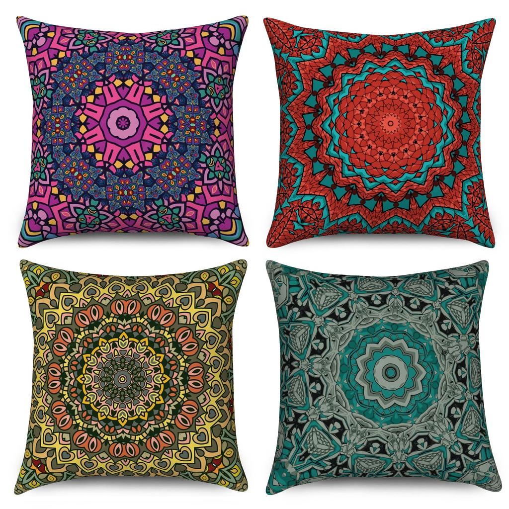 4Pcs Blue Orange Floral Tile Pattern Printed Pillow Cover Polyester Cushion Case 2D Flat Printing Pillowcase Retro Euro Style