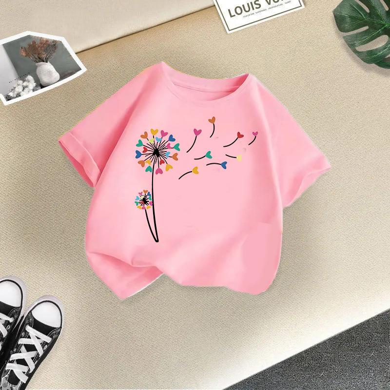 New Girls' Short Sleeved Children's T-shirt Fireworks Printed Versatile Middle and Small Children's Top Summer Fashion