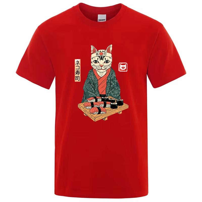 

Mens High Quality 100 Cotton Funny Sushi Cat Printing Summer T Shirt Casual Loose Male Crewneck Male Tops Oneck Tshirt 2XL