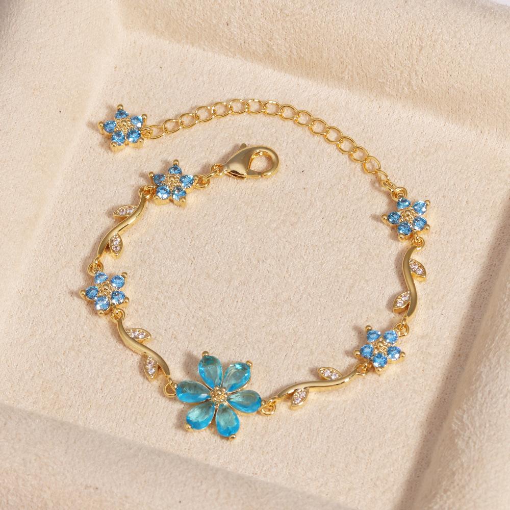 18K Real Gold Plated Brass Multi-Color Leaf CZ Trendy Tennis Bracelet Set Wavy Chain Bracelets with Assorted Gemstones