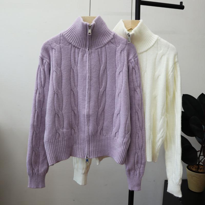 Autumn Winter Stand Collar Fried Dough Twist Zipper Knitting Coat Women Casual Fashion Cardigan Sweater Top